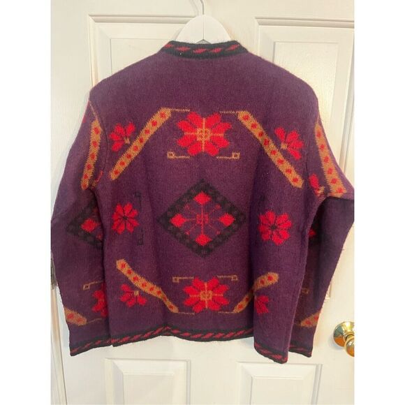 Sisley Italian Knit Plum Floral Tribal Print Cardigan Sweater Sz M EUC - Picture 6 of 7